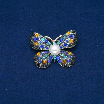 Brooch 'Butterfly' in Golden Metal with Yellow, Blue and Black Rhinestones and Bead, 32×42 mm +