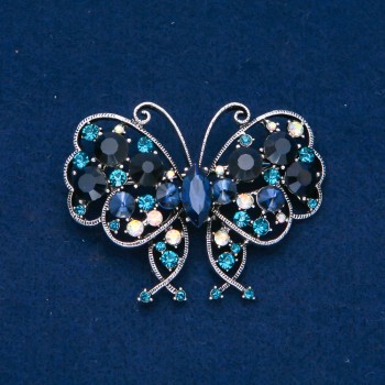 Butterfly Brooch, Silver-Tone Metal with Blue, White, and Petrol Crystals, 61x48 mm