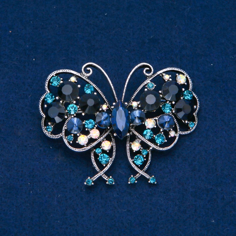 Butterfly Brooch, Silver-Tone Metal with Blue, White, and Petrol Crystals, 61x48 mm