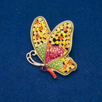 Butterfly Brooch in Gold-Toned Metal with Multicolored Rhinestones, 58x52 mm