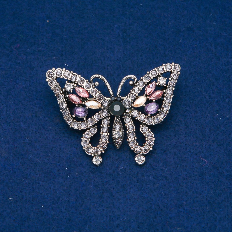 Butterfly Brooch with Gold-Tone Metal and Crystals, Gray, Purple, Pink and Yellow, 38x52mm +