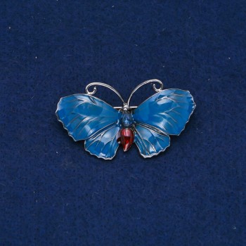 Butterfly Brooch, silver-tone metal, enamel, blue crystal, 48x27mm +