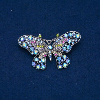 Butterfly Brooch in Silver-Tone Metal with Multicolored Rhinestones, 32x60 mm
