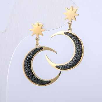 Moon Earrings Xuping, 18K Gold-Plated Stud Earrings with Black Crystals, 20 mm Diameter, 32 mm Length
