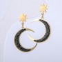 Moon Earrings Xuping, 18K Gold-Plated Stud Earrings with Black Crystals, 20 mm Diameter, 32 mm Length