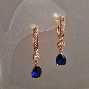 Earrings Xuping 18K Gold Plating with White Crystals and Dark Blue Crystal, Diameter 7 mm + -, Length 33 mm +
