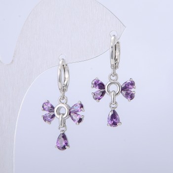 Xuping Rhodium Earrings with Purple Crystals, 14 mm diameter +/-, 28 mm thickness +/-