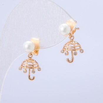 Stud earrings Umbrella Xuping 18K gold plating with white crystals and a bead, diameter 18x10mm +