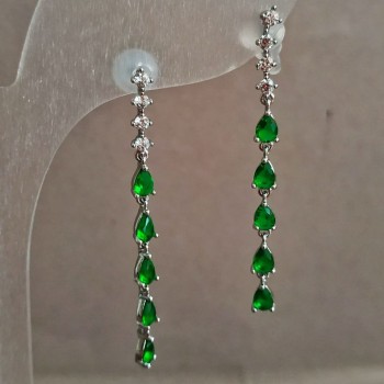 Xuping Earrings — Stud Earrings, Rhodium-Plated with White Rhinestones and Deep Green Crystals, 42 mm Length +