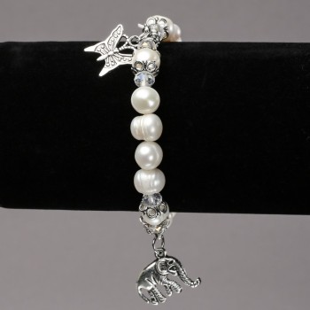 Stretch bracelet with freshwater pearls, glass elements and pendants, 8mm diameter ±, length 18cm ±