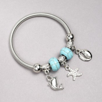 Pandora bracelet with turquoise beads (synthetic), beads diameter 14×8 mm ± and charms with white crystals