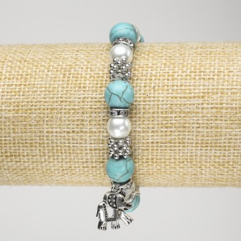 Turquoise Bead Bracelet (elastic) with 10 mm diameter ±, featuring artificial pearls, silver-tone inserts, and Elephant pendant, length 18 cm+