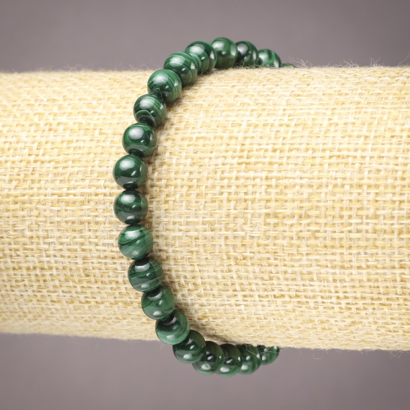 Elastic bracelet with natural malachite, smooth beads, 6 mm diameter+