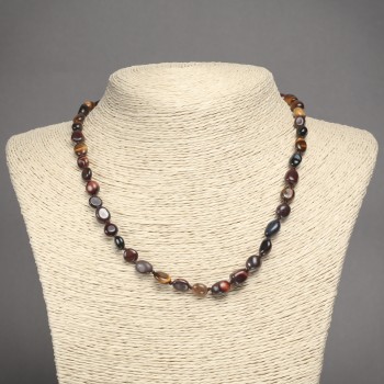 Necklace of natural Bull's Eye, Hawk's Eye, and Tiger's Eye, faceted, 6x8 mm diameter, length 45 cm +/-