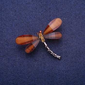 Dragonfly Brooch with Brown Crystals, Silver-Toned Metal 32x43 mm