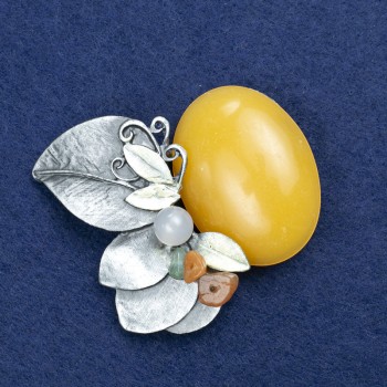 Brooch Twig with Amber (named after) and assorted stones, silver-toned metal 60x50mm +