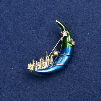 Brooch 'Moon' gold-tone metal, enamel and crystals 37×28mm +