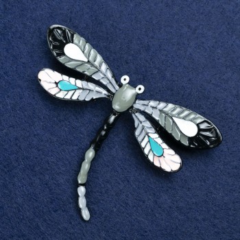 Dragonfly Brooch in Silvery Metal and Enamel, 70x50mm +