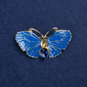 Butterfly Brooch in Golden Metal, Enamel and Crystals, 50x27 mm +