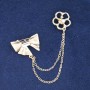 Brooch Clasp 'Flower with Bow' in Gold-Tone Metal, White Crystal and Rhinestones, Bead, 60mm Chain