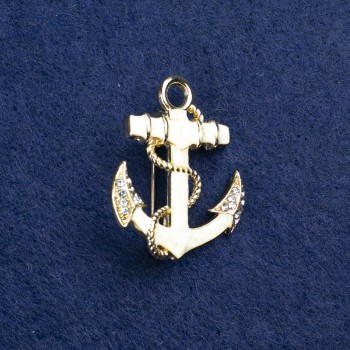 Anchor Brooch in gold-toned metal, enamel with pearl inlays and rhinestones, 31×26 mm +