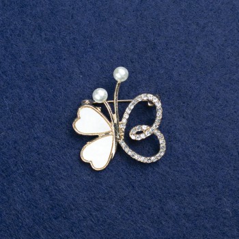 Butterfly Brooch with gold-tone metal, mother-of-pearl, beads and rhinestones 32x30mm +