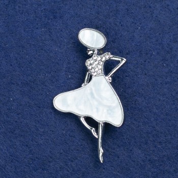 Brooch Lady in a Hat in Silver-Toned Metal, Mother-of-Pearl and Crystals 48x27mm +