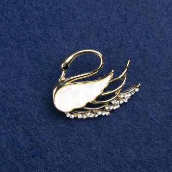 Swan Brooch with Golden Metal, Mother-of-Pearl and Crystals, 35x28mm +