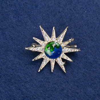 Brooch 'Star' Gold-Tone Metal, Enamel, and Crystals, 32mm +