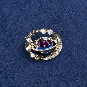 Planet Brooch in golden metal, enamel and crystals, 22×24 mm +