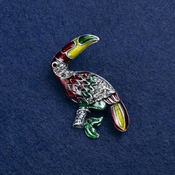 Toucan Brooch in Silver Metal, Enamel and Crystals 45x40mm +