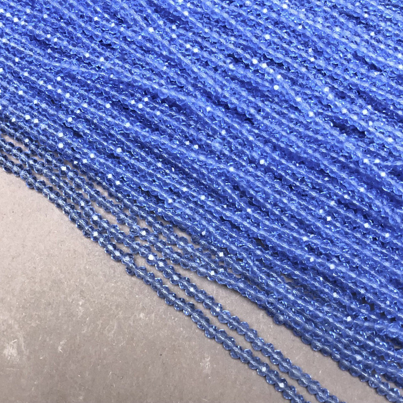 Light blue Czech Crystal beads on beading thread, transparent faceted rondelle, diameter 3x2.5 mm, length 36-38 cm