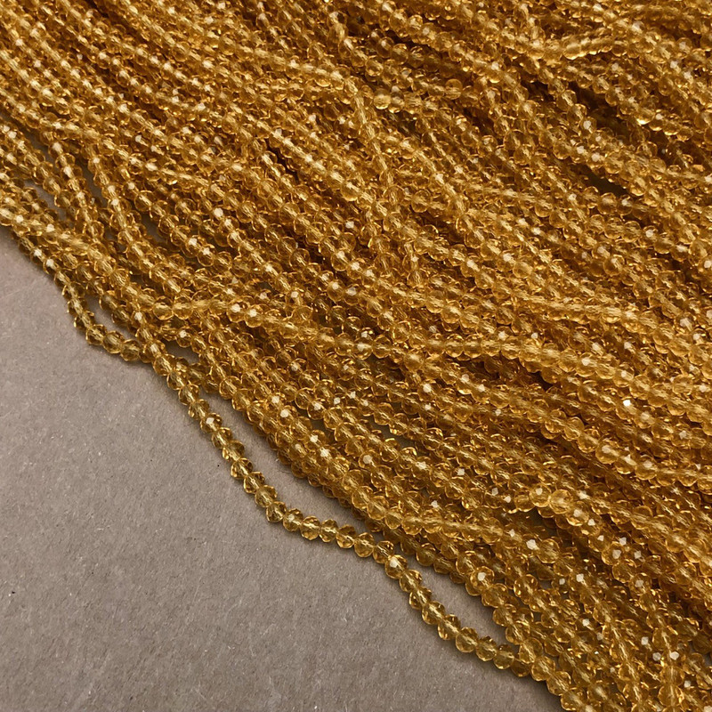 Beads Czech Crystal on Thread - Honey Yellow Transparent Faceted Rondelle, Diameter 3.5×3 mm, Length 36-38 cm