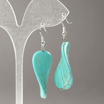 Blue Turquoise Earrings (Pressed), oval flat twisted 35x23 mm, length 55 mm +