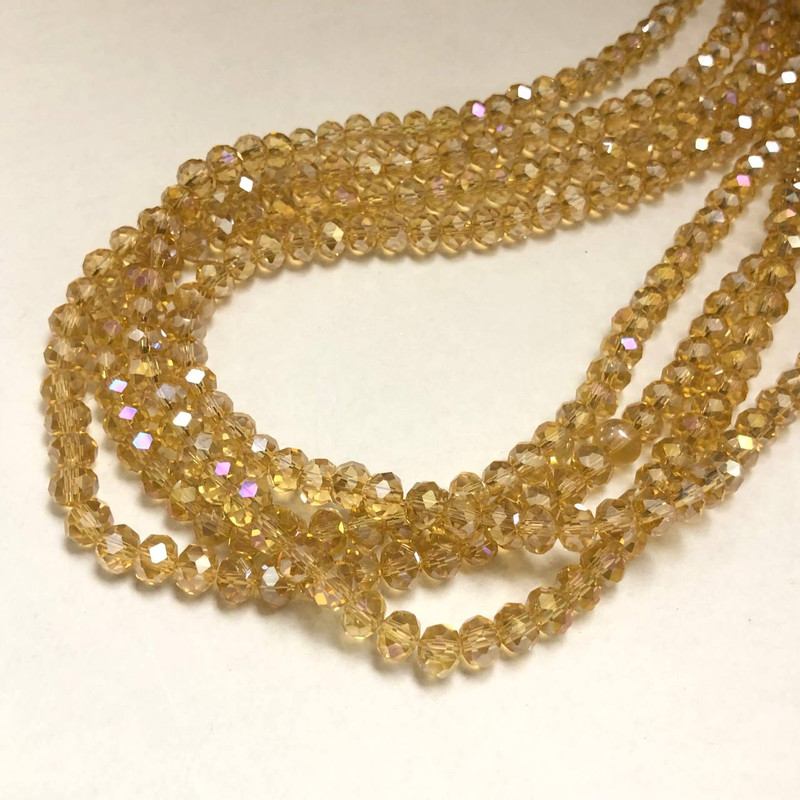 Orange-Peach Transparent Czech Crystal Beads on Thread, Gasoline Iridescent Faceted Rondelle, Diameter 6x4.5 mm, Length 38-40 cm