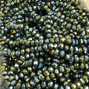 Beads Czech Crystal Gray-Green Finish on Thread with Petrol Sheen, Faceted Rondelle, Diameter 6×4.5 mm, Length 38–40 cm