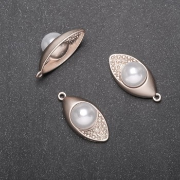 Leaf-shaped pendant with bead, diameter 15 mm, length 30 mm, silver-colored metal finish, 4 pcs