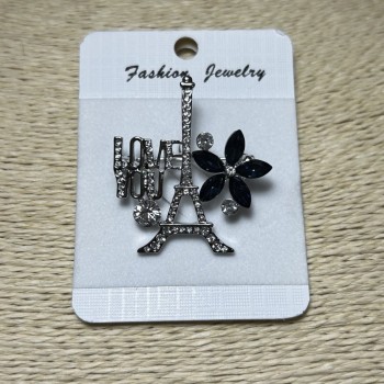 Paris Brooch in Silver-Toned Metal with Rhinestones and Blue Crystals, 40x35 mm +