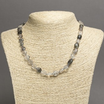 Beaded Necklace of Natural Stone: Hairy Rutile Quartz Faceted Beads, 8x9 mm, 45 cm length