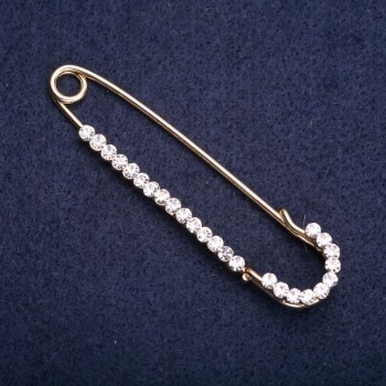 Brooch pin with white crystals, 70x16 mm, yellow metal