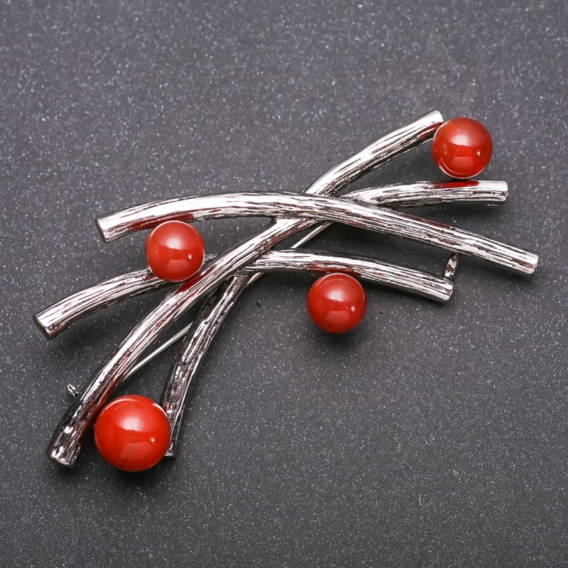 Large Accent Brooch with Carnelian Stone, Gray Metal 70×32 mm