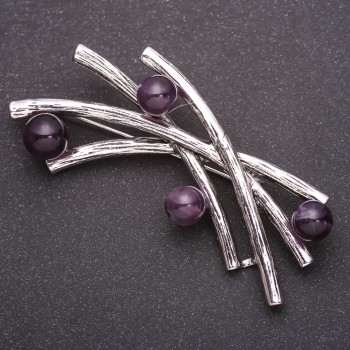 Brooch Sprigs with Amethyst 73x30mm Gray Metal