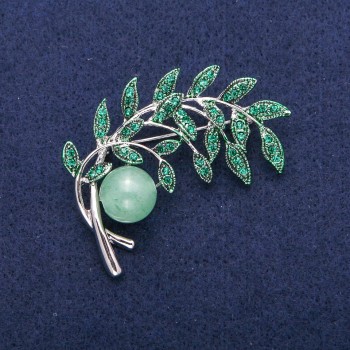 Brooch Twig with nephrite bead, green enamel and crystals, silver-toned metal 44x52 mm