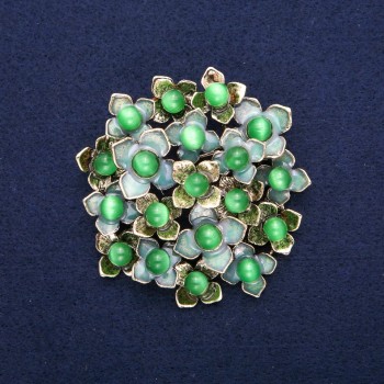 Brooch Flowers with Cat's Eye, Green Enamel, Gold-Tone Metal 60x62mm