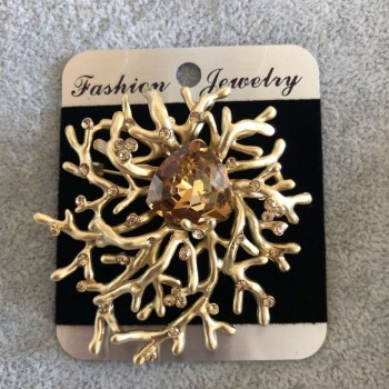 Large Brooch 'Accent' in Crystals with Yellow Stone, 58x62mm Gold-Tone Metal