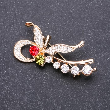 Butterfly Brooch with Multicolored Rhinestones, 55x25 mm, Yellow Metal