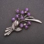 Brooch with natural amethyst gemstone 'Bouquet' gray metal 70x37mm