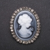 Cameo Brooch with Crystals, Satin Finish, Gray Metal, 50x40 mm
