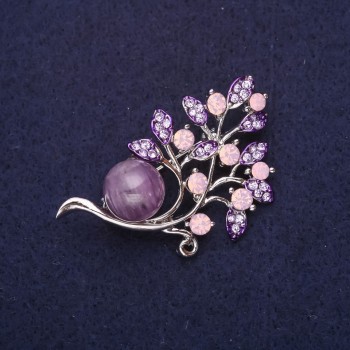 Brooch Twig with Amethyst Stone, rhinestones, lavender pink color, 48x30 mm, silver-tone metal