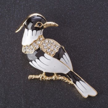 Brooch 'Ibis Bird' Black and White Enamel, Gold, Feathered Series, 5.5 × 3 cm